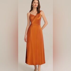 Grace Karin MIDI Dress Satin Orange Asymmetrical Shoulder Straps V Neck 8👍